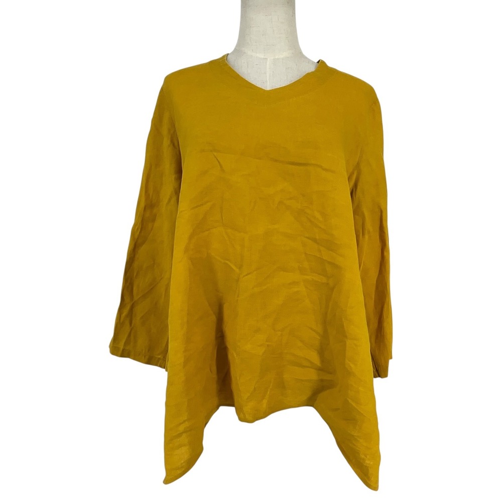 Parmi Womens 100% Linen V-Neck Sharkbite Hem Tunic Top Mustard Yellow Sz M